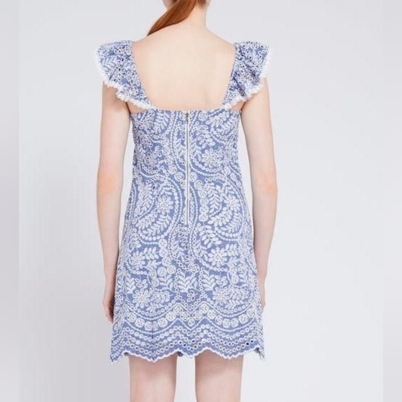 Alice & Olivia Chambray Honor Flutter Sleeve Boho Embroidered Mini Dress Size 0 - Picture 6 of 13